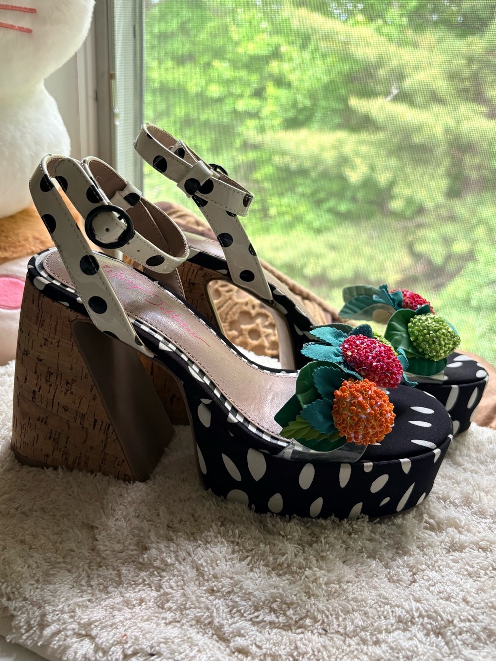 Polka Dot Platform Sandals with Floral Accent - Black